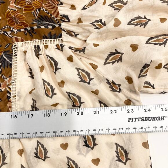 Nwot FARM RIO Top L Cream Brown Floral Pearly-Button Crochet Puff-Balloon-Sleeve - Picture 14 of 16